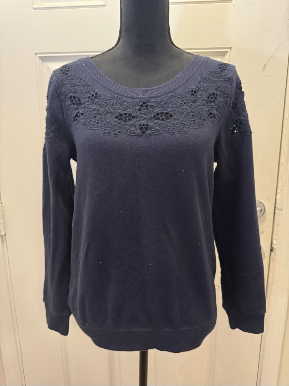 LOFT Navy Crewneck Sweater with Lace Yoke 0462